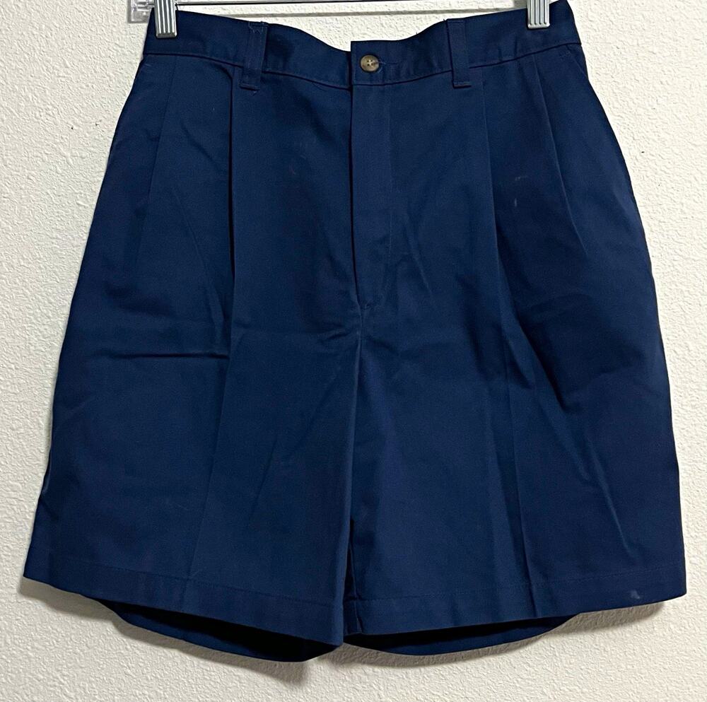 Men's Blue Solid Chino Shorts, Cotton Polyester, Pleated Front, Button, Pockets